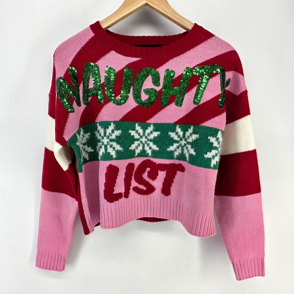 33 Degrees Naughty List Sweater Womens XS Red Pink Sequin Ugly Christmas Holiday